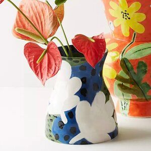 ANTHROPOLOGIE Julie Moon Bold Blooms Vase Blue White Green Floral Hand Painted